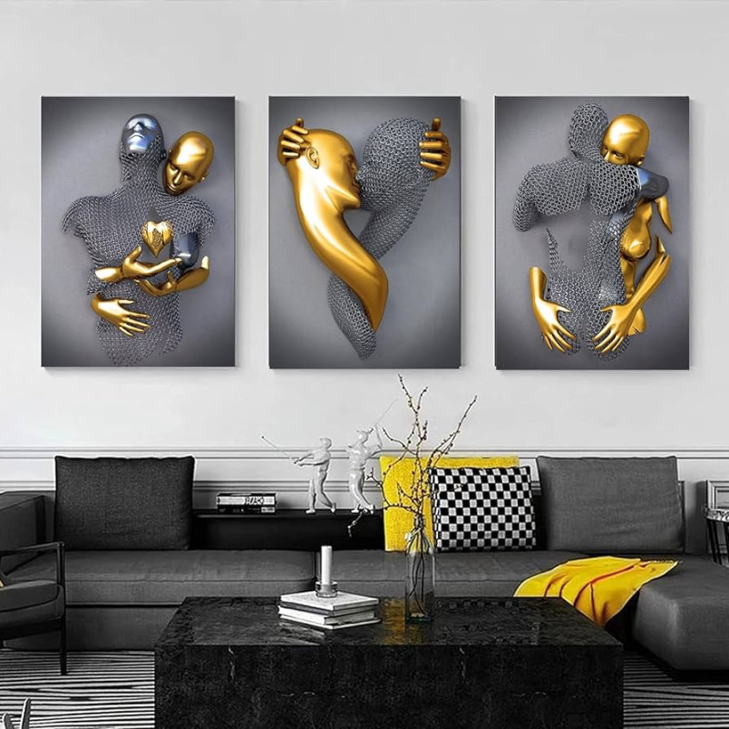 Schlafzimmer-Leinwand-Wandkunst, Dekoration, Silber und Gold, romantisch,  küssend, Umarmung, Paar, Wohnzimmer, ungerahmtes Liebesbild-Set,